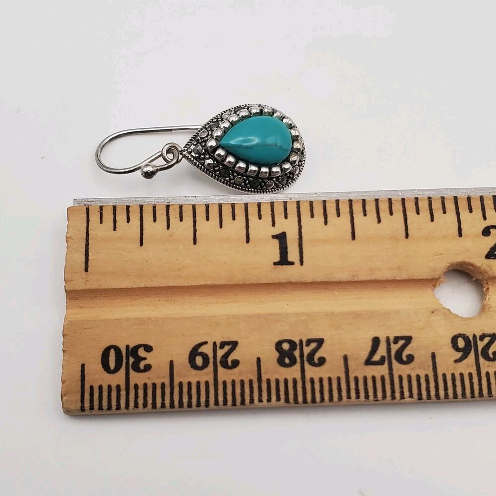 SLC 925 Vintage Sterling Silver Marcasite Turquoise Dangle Earrings Teardrop - Picture 9 of 9